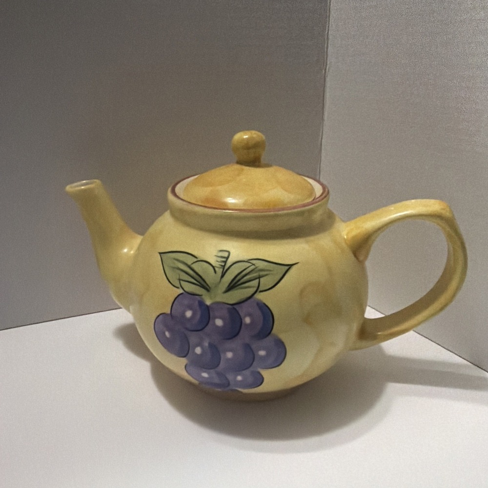 Handpainted Ceramic Teapot Yellow with Purple Grape Cluster Made in Thailand